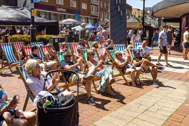 Deckchairs available for taking in the live music at the Southsea Food Festival. Picture: Mike Cooter (160722)