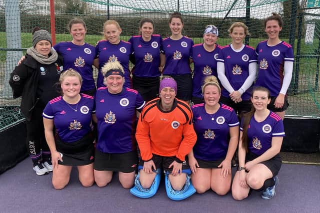 A vitorious Portsmouth 2nds team after their 15-1 thrashing of Blandford and Sturminster. Back (from left) Nadia Moore (coach), Becky Clay, Joni Duffus, Hayley Chivers, Hayley Armstrong, Emily Crowcroft, Amanda Owens, Fiona Bingham. Front: Kezia Winter, Sarah Stewart, Kirsty Harley (GK), Katie Juckes, Lucy Dunning (C).