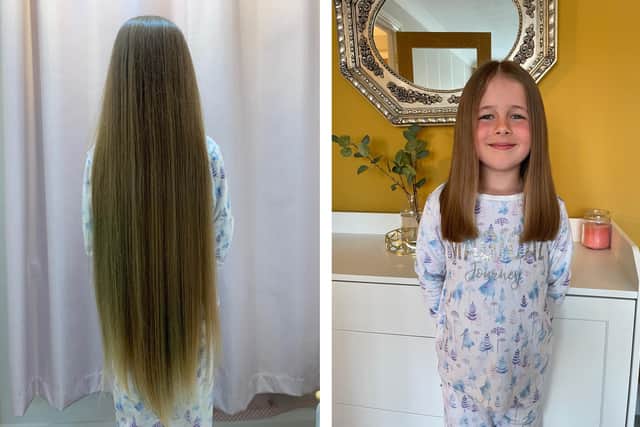 Amalie Chiverton, from Waterlooville, had 16 inches of hair cut off for the Little Princess Trust and raised more than £1,600 in the process. Pictured: Amalie's hair before and after the haircut