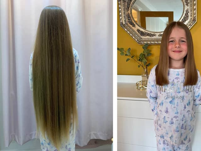 Amalie Chiverton, from Waterlooville, had 16 inches of hair cut off for the Little Princess Trust and raised more than £1,600 in the process. Pictured: Amalie's hair before and after the haircut 