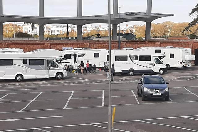 Campervans parked in the D-Day Museum car park on Saturday afternoon. The city council said three campervans illegally parked there overnight.