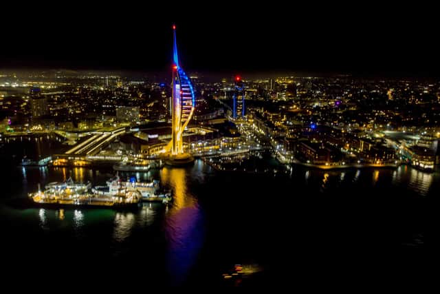 The Spinnaker Tower lit up in the colours of the Ukrainian flag. Picture: Phillip Bramble.