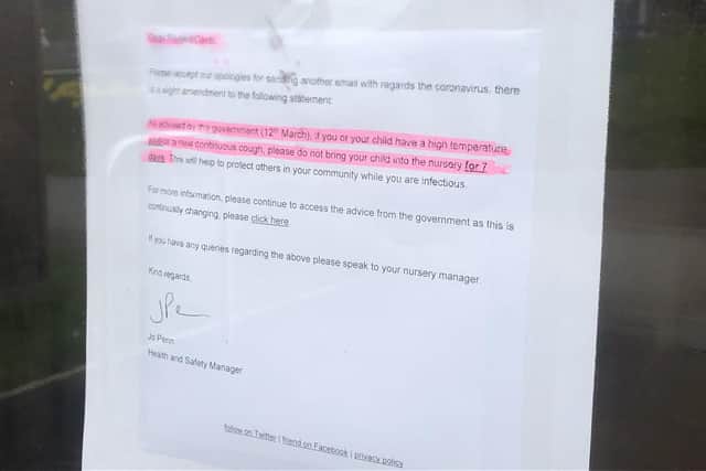 A letter inside the window of Tops Day Nursery - Lakeside informing parents of the situation.