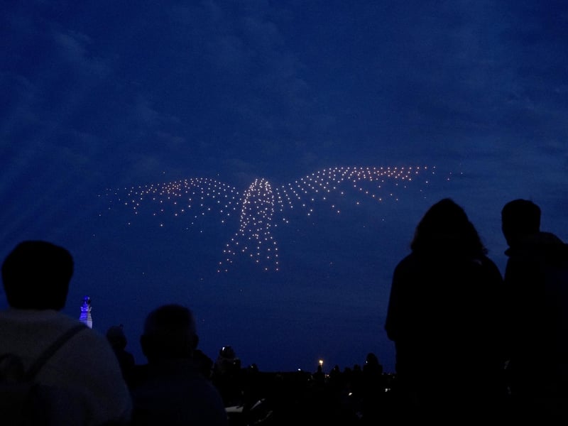 Drones make a bird shape during a drone display telling the story of D-Day. Photo: Andrew Matthews/PA Wire