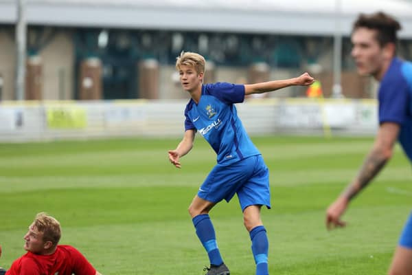 Tommy Leigh scores for Baffins Milton Rovers against Cowes Sports in August 2018. Picture: Chris Moorhouse