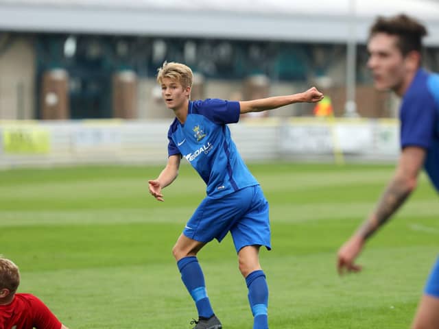 Tommy Leigh scores for Baffins Milton Rovers against Cowes Sports in August 2018. Picture: Chris Moorhouse