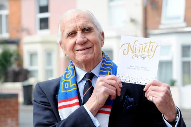 Former Royal Navy captain, Peter Hames, now 91, has been researching the origins of the navy. He is pictured celebrating his 90th birthday at Fratton Park last year
Picture: Sarah Standing