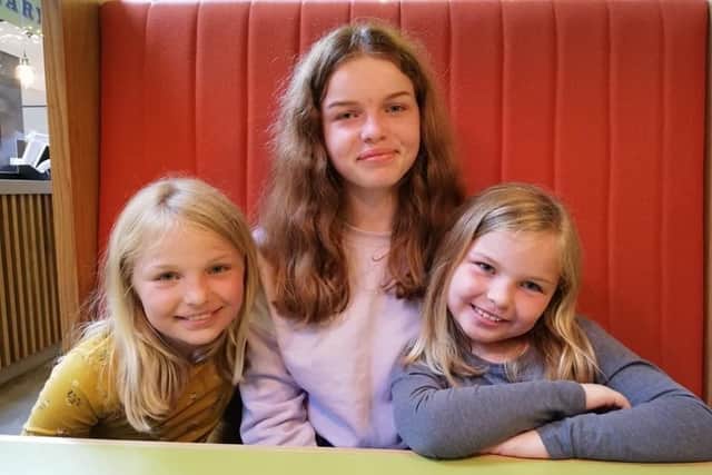 A fundraiser has been set up for Sophie Fairall, 9, who has been diagnosed with a rare soft tissue cancer. Pictured: Sophie with her sisters Lucy, 13 and Amelia, 8