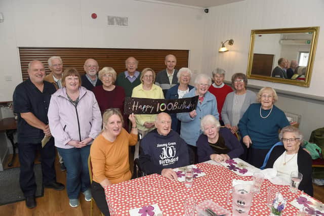 Albert Green known as "Jimmy" from Drayton, turned 100 on Saturday, October 1, and celebrated with his son Peter Green and his friends from the United Reformed Church coffee club, at The Sunshine Inn pub in Drayton.Picture: Sarah Standing (290922-3961)
