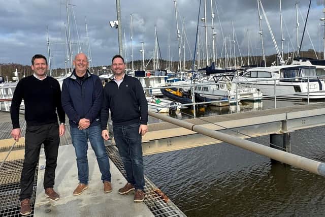 l-r Parker Adams Director Jonathan Parker, Andrew Baird and Director Andrew Adams at Buckler's Hard Yacht Harbour