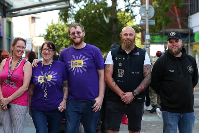 from left, Samantha Hornby, Beth Davis and Max Cooke, with Ben Standen and Sam Wilkin, both from 'South Coast Smugglers'. Fundraiser at Geek Retreat, Arundel St, Portsmouth, in aid of Mental Health Foundation. Picture: Chris Moorhouse (jpns 180921-30)
