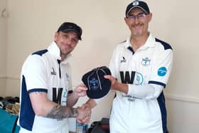Portsmouth Community batter Dave Going, left, struck the highest individual total in his club's history - in a club record team total against Emsworth. Community chairman Matt Barber is also pictured.