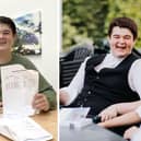 Alfie Grimes with his GCSE results and (right) in his new uniform at Eton.