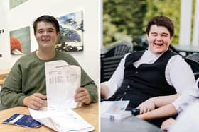 Alfie Grimes with his GCSE results and (right) in his new uniform at Eton.