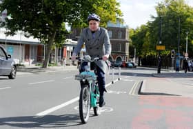 News reporter Joshua Wright has a go on a Beryl e-bikes at their Portsmouth launch
Picture: Sarah Standing (061022-1234)