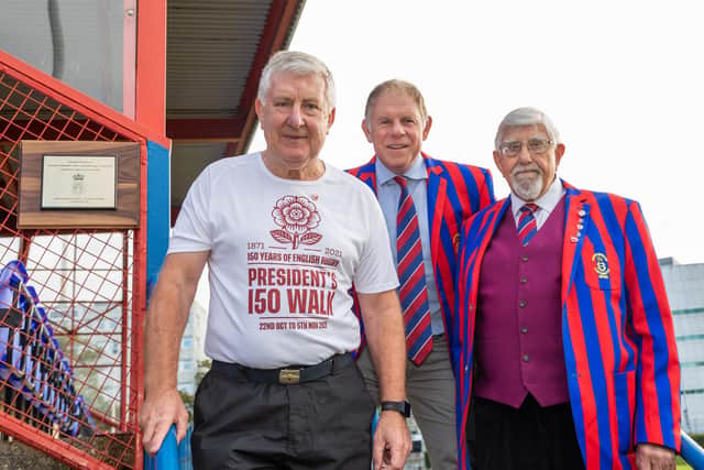 RFU President Jeff Blackett alongside the commemorative plaque celebrating Arthur Harrison, with Bill Oliphant (US Portsmouth RFC chairman) and Jed Stone (US Portsmouth RFC president). Picture: Mike Cooter