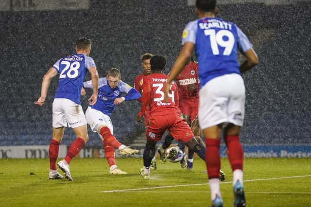 Ronan Curtis opens the scoring for Pompey against AFC Wimbledon in the Papa John's Trophy. Picture: Jason Brown/ProSportsImages