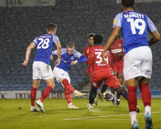Ronan Curtis opens the scoring for Pompey against AFC Wimbledon in the Papa John's Trophy. Picture: Jason Brown/ProSportsImages