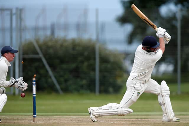 Sarisbury's Ricky Rawlins is bowled by Lee Hungerford. Picture: Chris Moorhouse