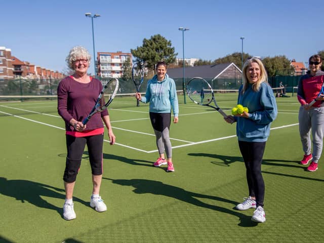 Everyone for tennis! From left - Deb Prytherch, Kate Wharton,  Heidi Leaver and Justine Sayer ready to play again at the Southsea club today. Picture: Habibur Rahman