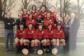 Horndean general manager Mick Catlin, front row; second right, in a club team picture from the 1985-86 season