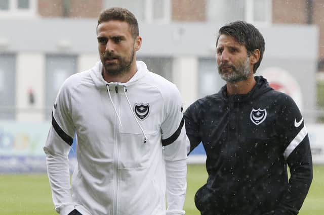 Clark Robertson, left, with Pompey head coach Danny Cowley