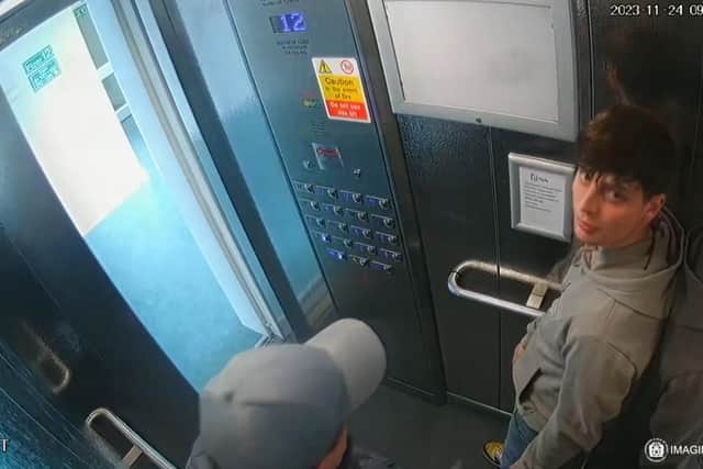 Aiden West and friend Liam Savage (wearing cap) on CCTV in a lift in Harbour Tower after the murder of Levi Kent