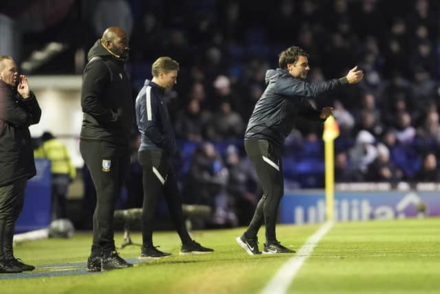 Danny Cowley urges on his Pompey players in last night's goalless draw with Sheffield Wednesday. Picture: Jason Brown/ProSportsImages