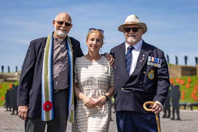 Veterans Brian Williams (Sheffield Association Chaplain) and Alan Day with Falkland Islander Bonnie Curtis who visited the event at the Royal Armouries.