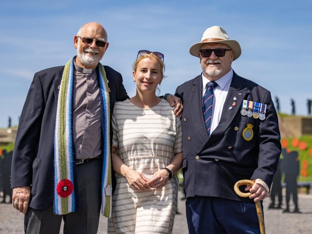 Veterans Brian Williams (Sheffield Association Chaplain) and Alan Day with Falkland Islander Bonnie Curtis who visited the event at the Royal Armouries.
