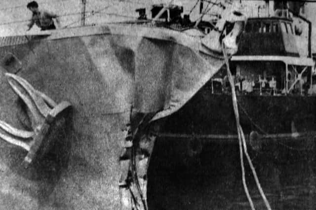 The damaged bow of HMS Wakeful after a three-ship collision. Picture: Tim King collection.