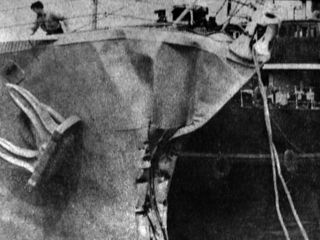 The damaged bow of HMS Wakeful after a three-ship collision. Picture: Tim King collection.