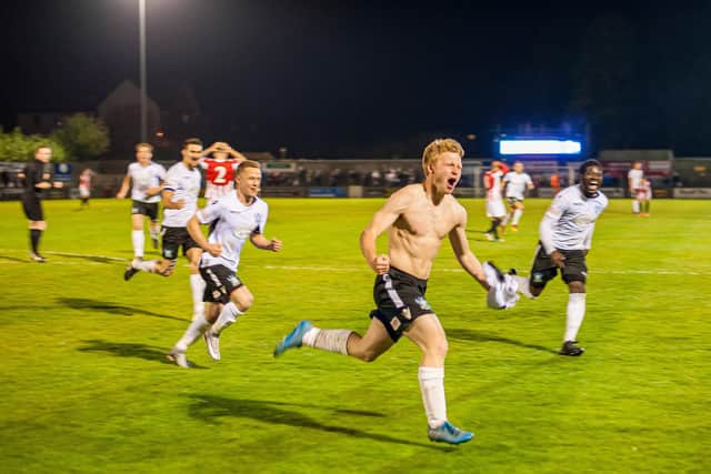 Tommy Wright celebrates scoring a last minute penalty winner for Salisbury against Evesham in the Southern League Division 1 South & West play-off semi-final, April 2017. Pic: Michael Berkeley