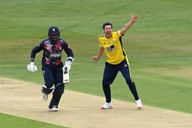 Chris Wood of Hampshire appeals unsuccessfully for the wicket of Daniel Bell-Drummond during the T20 Blast match at Canterbury. Photo by Alex Davidson/Getty Images.