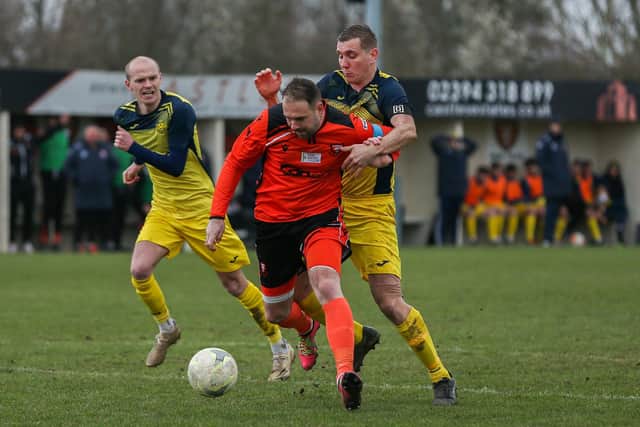 Moneyfields' Jack Lee, right, was sent off for two bookable offences in last Friday's Wessex draw with Shaftesbury at Westleigh Park. Picture by Nathan Lipsham