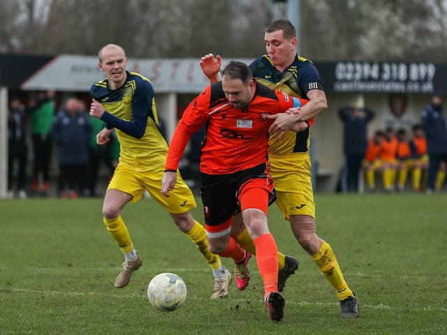 Moneyfields' Jack Lee, right, was sent off for two bookable offences in last Friday's Wessex draw with Shaftesbury at Westleigh Park. Picture by Nathan Lipsham