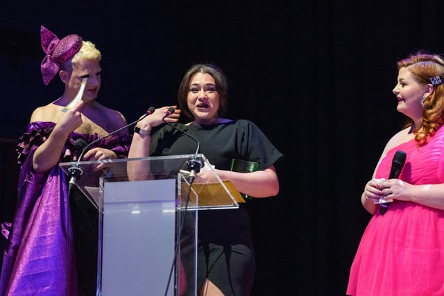 Bianca Brathwaite, award recipient of 'Inspirational Role Model' with Hosts 'The Fabulous Josh' and Tamzin Cormican at The Pamodzi Inspirational Women of Portsmouth Awards 2023.