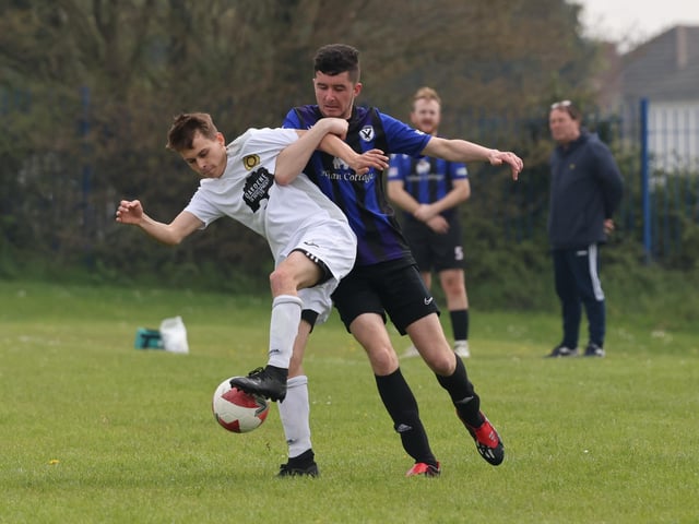 Action from the City of Portsmouth Sunday Football League Division Three match between Pompey Chimes (white shirts) and Horndean Hawks. Picture: Kevin Shipp