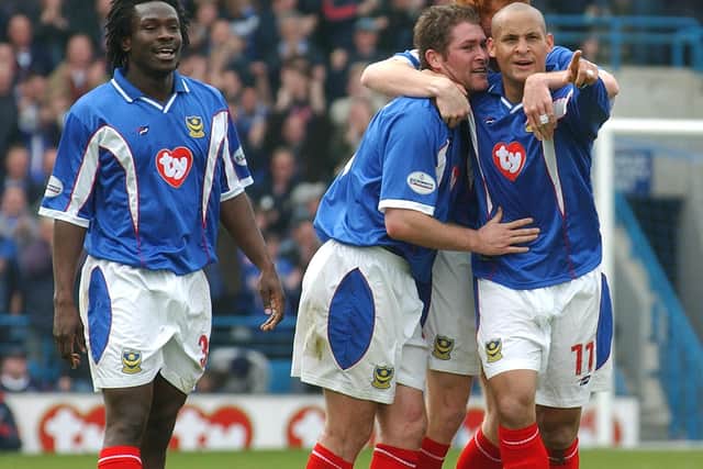 Linvoy Primus, Hayden Foxe and Nigel Quashie celebrate Lee Bradbury's opener against Sheffield Wednesday when the sides last met in April 2003. Picture: Mick Young