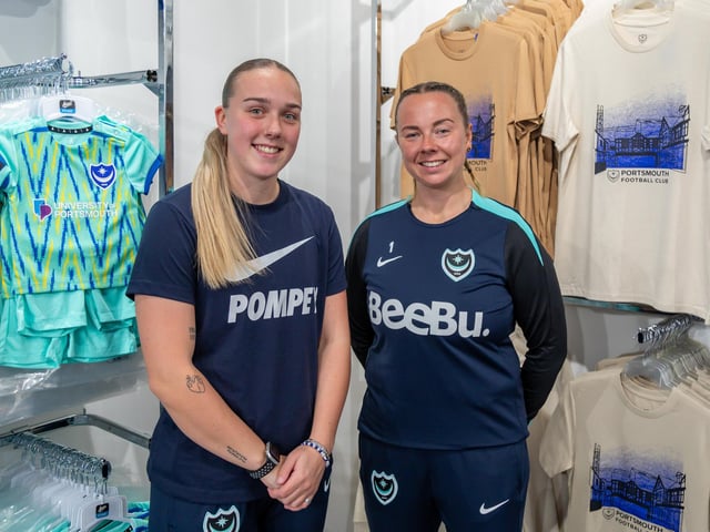 Ella Humphrey (winger, 20) and Hannah Haughton (keeper, 32) from Portsmouth FC Ladies greet shoppers at the new Pompey Store in Gunwharf Quays: Mike Cooter (011124)