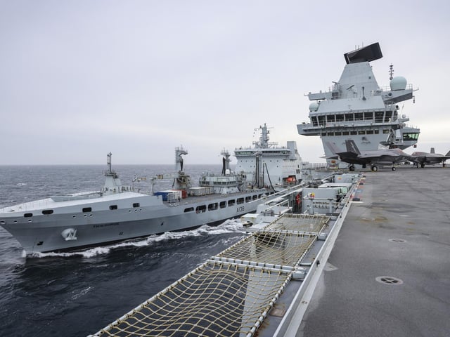 RFA Tidesurge alongside HMS Prince of Wales during a replenishment at sea task.