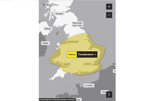 A yellow weather warning for the south and midlands early on Sunday