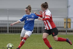 Ellie Bloomfield, left, in action for Portsmouth Women against Southampton in 2017. She has now signed for Moneyfields. Picture: Neil Marshall