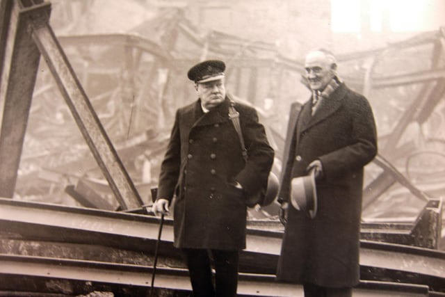  Winston Churchill and The Lord Mayor of Portsmouth Councillor Dennis Daley touring the Palmerston Road area of Southsea after the blitz of January 1941         