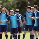 FFC Reserves celebrate a goal in their thrilling 6-5 Portsmouth Sunday League Division 3 defeat to Old Boys Athletic. Picture: Chris Moorhouse (jpns 250421-40)