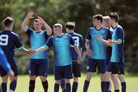 FFC Reserves celebrate a goal in their thrilling 6-5 Portsmouth Sunday League Division 3 defeat to Old Boys Athletic. Picture: Chris Moorhouse (jpns 250421-40)