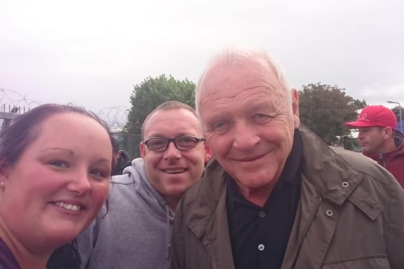 Sarah Steel with actor Sir Anthony Hopkins while he was filming Transformers in Gosport