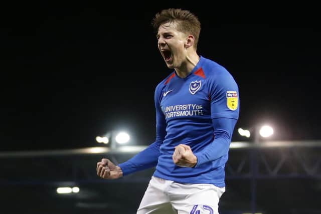 Steve Seddon celebrates his maiden Pompey goal against Rochdale. Picture: Robin Jones