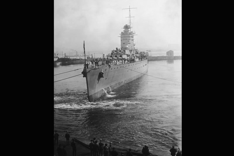 The newly-launched British battleship HMS Rodney leaving the Cammell Laird shipyard at Birkenhead, Merseyside for Portsmouth, 13th August 1927. (Photo by H. F. Davis/Topical Press Agency/Hulton Archive/Getty Images)