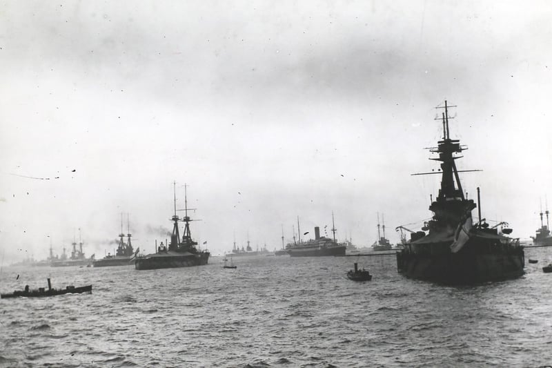 Royal Inspection Off Portsmouth. The ship 'HMS Collingwood' of the Royal Navy fleet off Hampshire, England, during a naval inspection by the King, July 1914. (Photo by Topical Press Agency/Hulton Archive/Getty Images)
